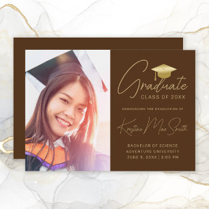 Modern Brown Gold Script Photo College Graduation Announcement