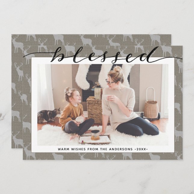 Modern Brown Grey Chic Script BLESSED Minimalist Holiday Card (Front/Back)