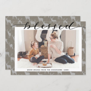 Modern Brown Grey Chic Script BLESSED Minimalist Holiday Card