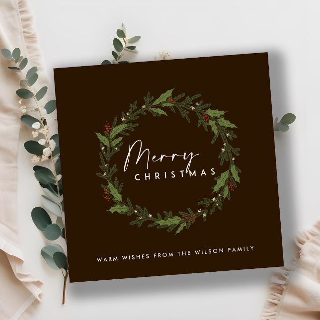MODERN BROWN HOLLY BERRY WREATH MERRY CHRISTMAS HOLIDAY CARD (Creator Uploaded)
