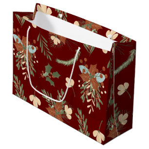 Modern Brown Holly Leaves and Berries Bouquet Large Gift Bag