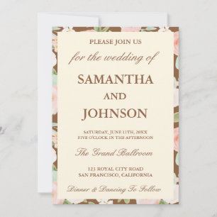 Modern Brown Ivory Floral Monogram Photo Wedding Invitation