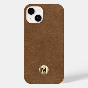 Modern Brown Leather Brushed Gold Monogram Case-Mate iPhone 14 Case