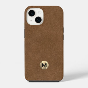 Modern Brown Leather Brushed Gold Monogram iPhone 14 Case