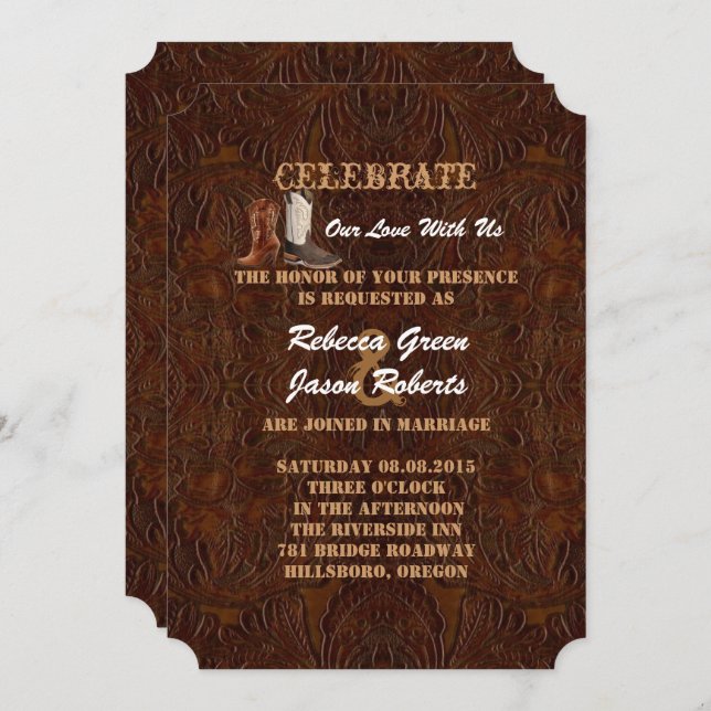 modern brown leather cowboy boots country wedding invitation (Front/Back)