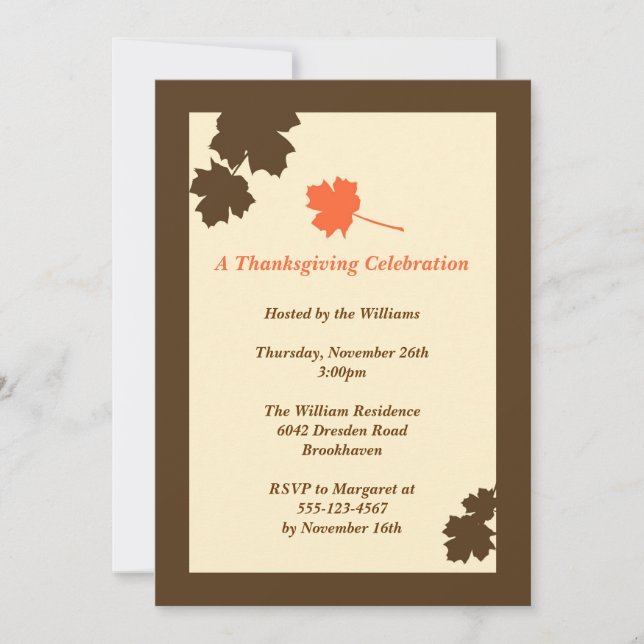 Modern brown leaves Thanksgiving fall invitation (Front)