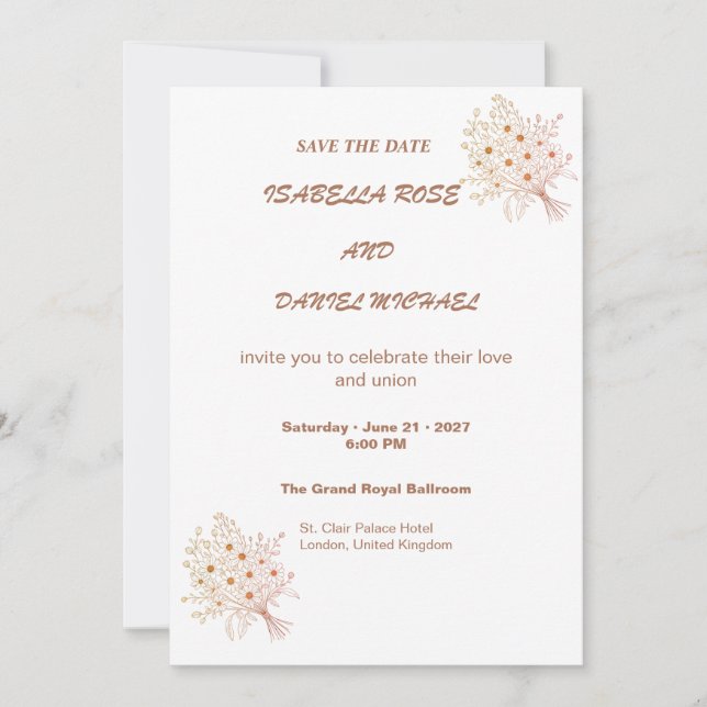 Modern Brown Line Art  Save the Date Wedding Card (Front)