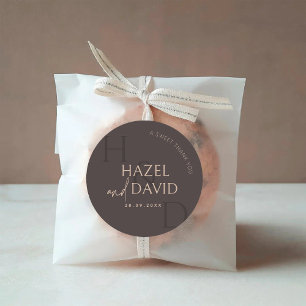 Modern Brown Monogram Minimalist Wedding Classic Round Sticker