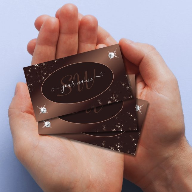 Modern Brown Ombre Glitter Stars Diamonds Monogram Business Card (Creator Uploaded)