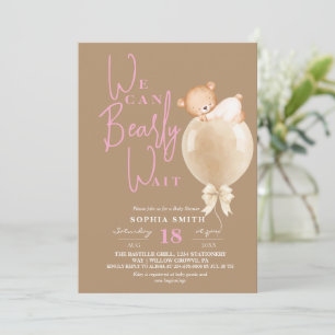  Modern Brown Pink Bear Balloon Baby Shower Invitation