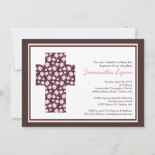 Modern Brown Pink Cross Girls Baptism Invitation