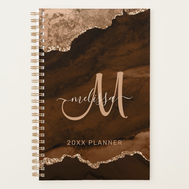 Modern Brown Rose Gold Glitter Agate Monogram 2024 Planner (Front)