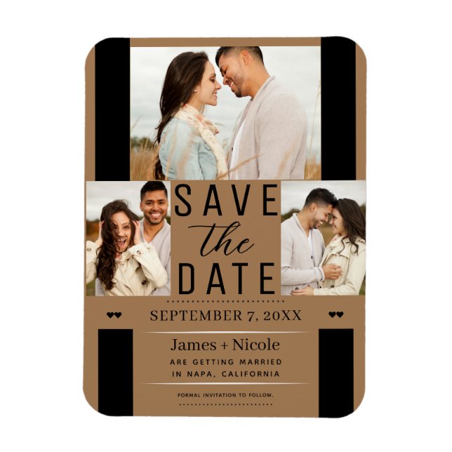 Modern Brown Save the Date 3 Photo Wedding  Magnet (Vertical)