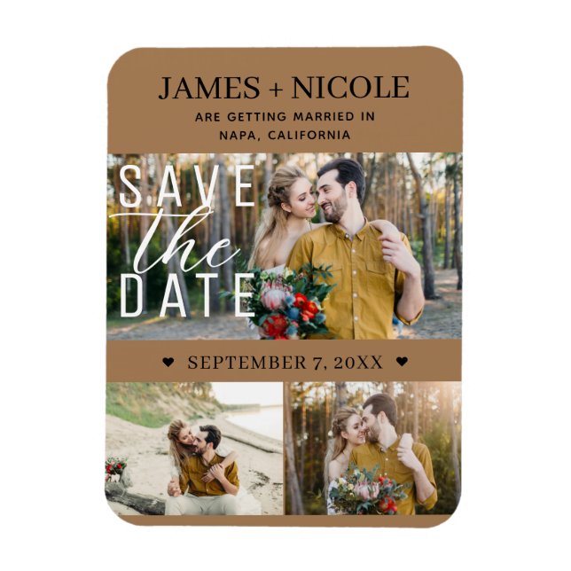 Modern Brown Save the Date Wedding 3 Photos Magnet (Vertical)