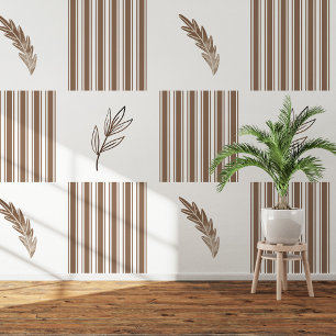 Modern Brown Stripe & Leaf Peel and Stick Wallpaper