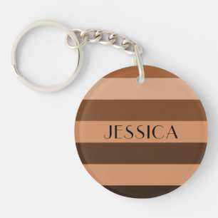 Modern Brown Striped Pattern Name Key Ring