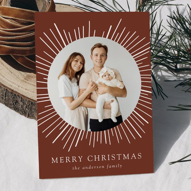 Modern Brown Sunburst Merry Christmas 2 Photo Holiday Card (Creator Uploaded)