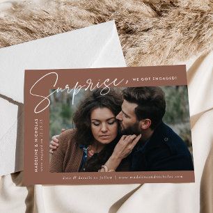 Modern Brown Surprise Photo Engagement Announcement
