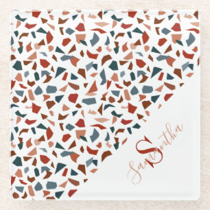 Modern Brown Terrazzo Monogram Glass Coaster