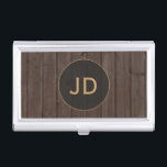 Modern Brown Timber Gold Monogram Business Card Holder<br><div class="desc">Modern unique business card holder with brown timber background,  grey circle and gold monogram. Unique and elegant design.</div>