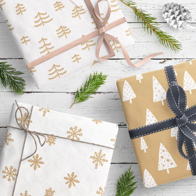 Modern Brown & White Christmas Trees Snowflakes Wrapping Paper Sheet (Creator Uploaded)