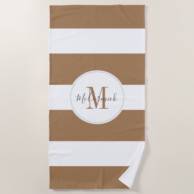 Modern Brown White Stripes Chic Script Monogram Beach Towel (Front)