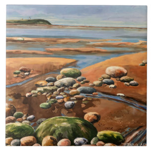 Modern Browns /Greens Seashore Beach Ocean Scene Ceramic Tile