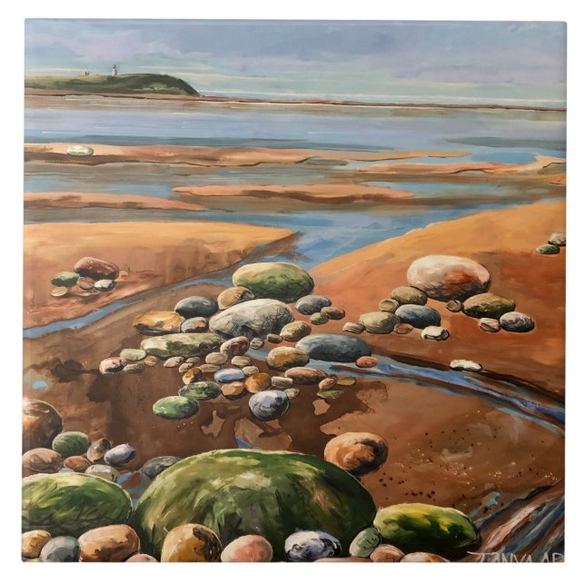 Modern  Browns /Greens Seashore Beach Ocean Scene Ceramic Tile (Front)