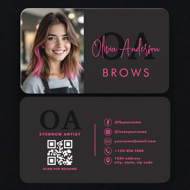 Modern Brows Artist Hot Pink and Black Business Card (Creator Uploaded)