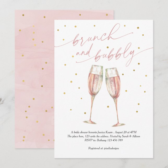 Modern brunch and bubbly, champagne bridal shower invitation (Front/Back)