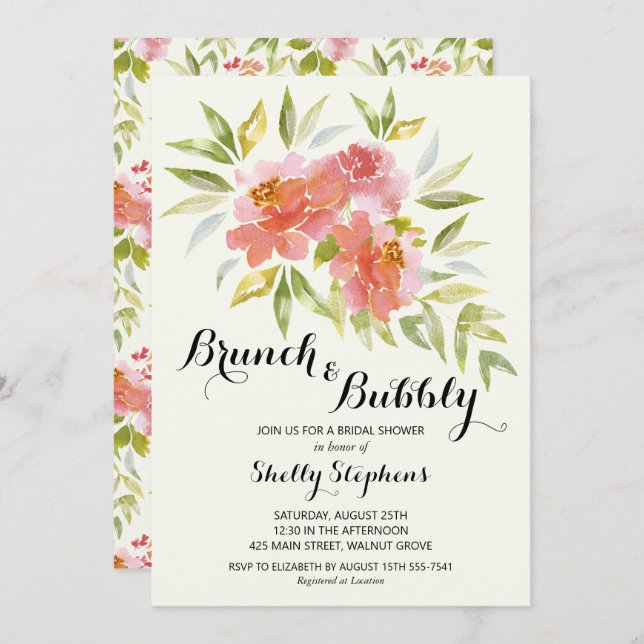 Modern Brunch and Bubbly Floral Shower Invitation (Front/Back)