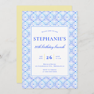 Modern Brunch Blue Portuguese Tiles 30th Birthday Invitation