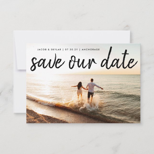Modern Brush Black Text Photo Wedding Save The Date (Front)