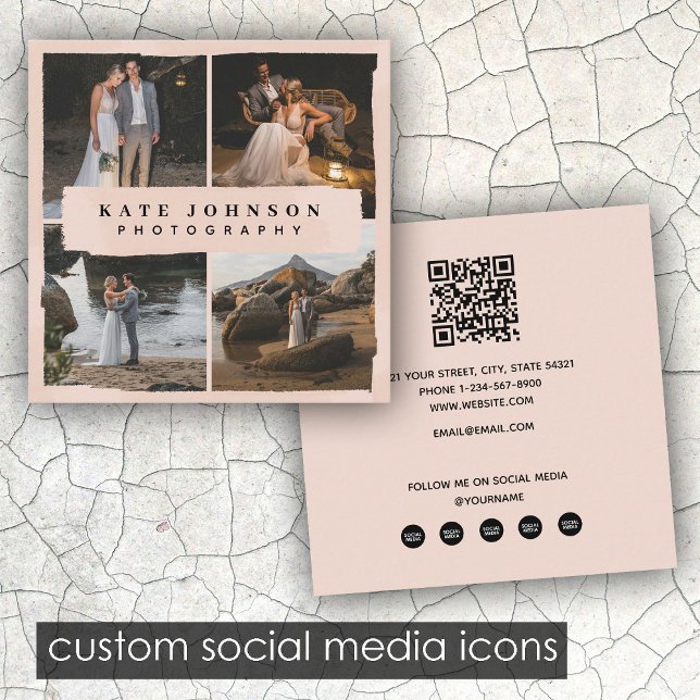 Modern Brush Blush Pink 4 Photo Photographer Square Business Card (Modern Brush Blush Pink 4 Photo Photographer Square Business Card)