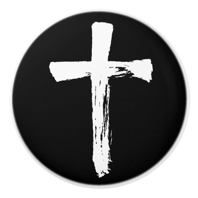 Modern Brush Cross - Christian White Crucifix  Ceramic Knob (Front)