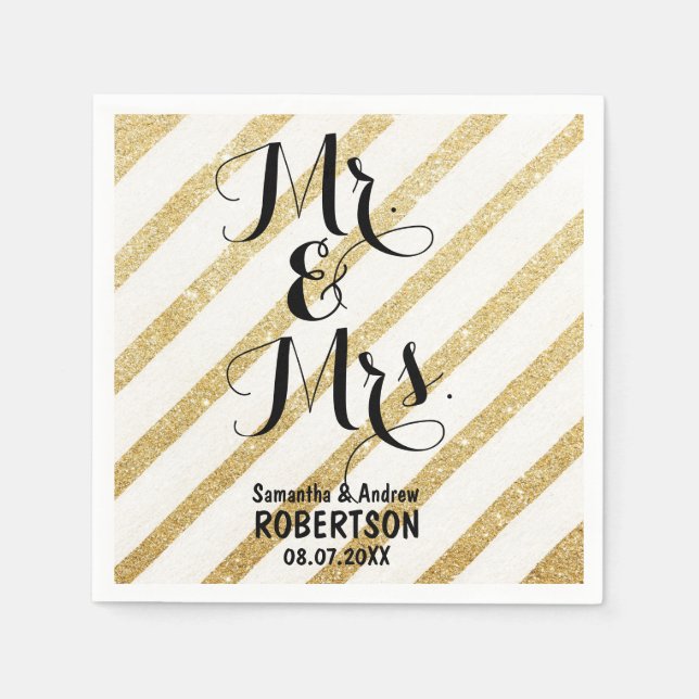 Modern brush gold stripes chic wedding napkin (Front)