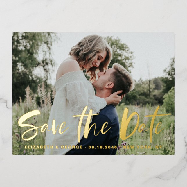 Modern Brush Hand Lettered Photo Save The Date Foil Invitation Postcard (Front)