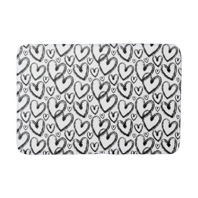 Modern Brush Heart Black White Pattern Bath Mat (Front)