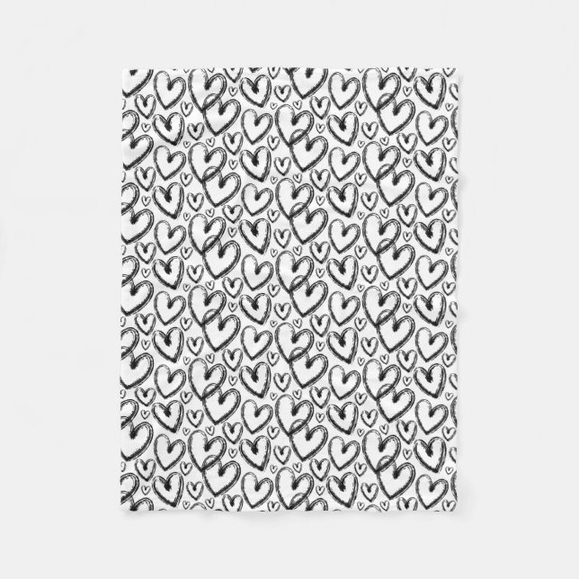 Modern Brush Heart Black White Pattern Fleece Blanket (Front)