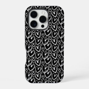 Modern Brush Heart Black White Pattern iPhone 16 Pro Case