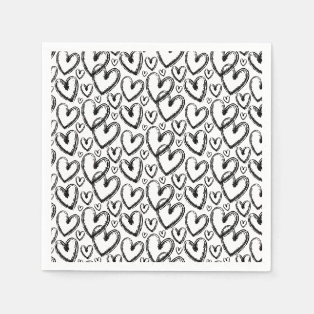 Modern Brush Heart Black White Pattern Napkin (Front)