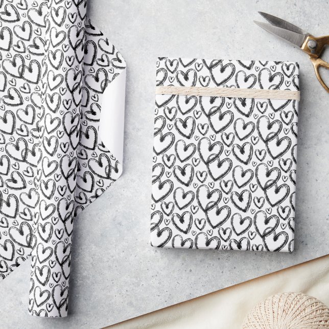 Modern Brush Heart Black White Pattern Wrapping Paper (Creator Uploaded)