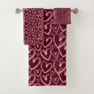 Modern Brush Heart Burgundy Pink Pattern Bath Towel Set