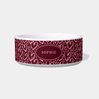 Modern Brush Heart Burgundy Pink Personalized Pet Bowl