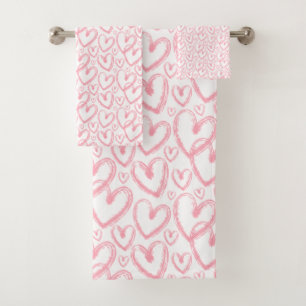 Modern Brush Heart Pink White Pattern Bath Towel Set
