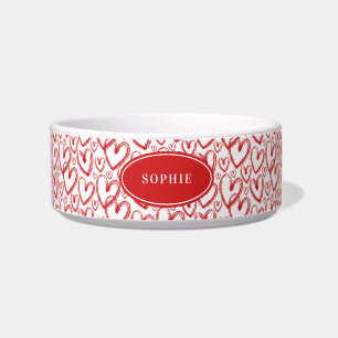 Modern Brush Heart Red White Personalised Pet Bowl