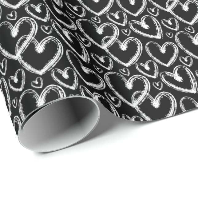 Modern Brush Heart White Black Pattern Wrapping Paper (Roll Corner)