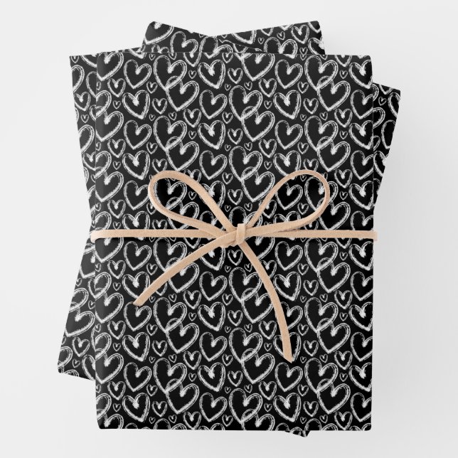 Modern Brush Heart White Black Pattern Wrapping Paper Sheet (In situ)