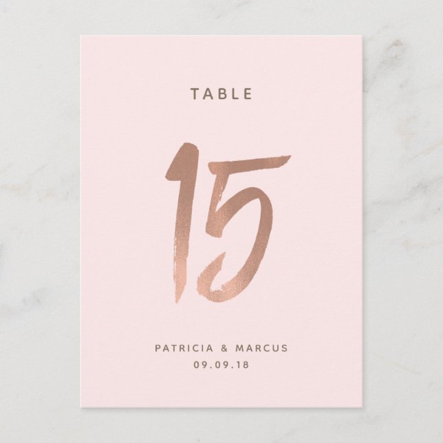 Modern Brush Rose Gold Wedding Table number 15 Postcard (Front)