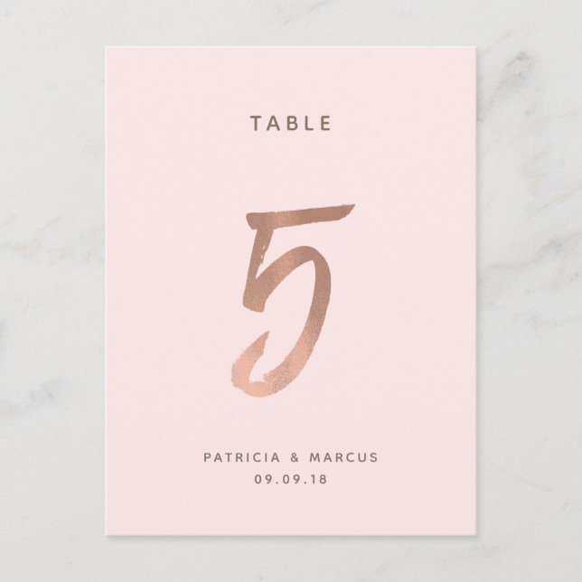 Modern Brush Rose Gold Wedding Table number 5 Postcard (Front)